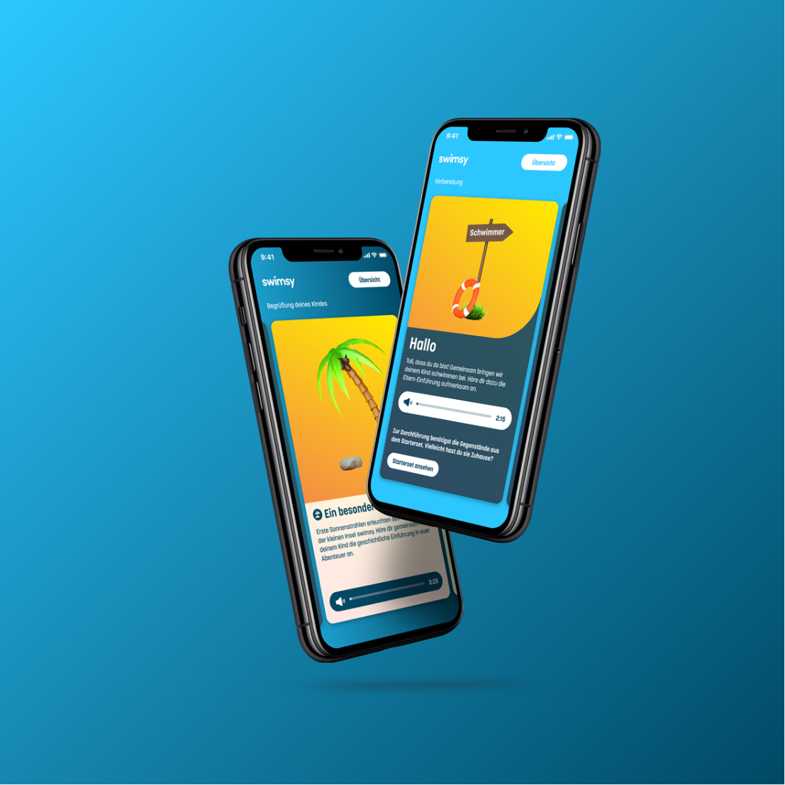 Zwei iPhones auf blauem Hintergrund mit geöffneter swimsy-App
